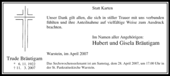 Todesanzeige von Trude Bräutigam von WESTFÄLISCHER ANZEIGER