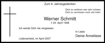 Todesanzeige von Werner Schmitt von WESTFÄLISCHER ANZEIGER