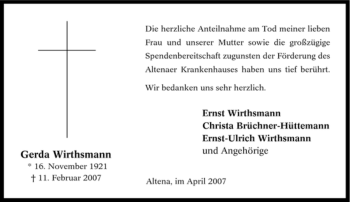 Todesanzeige von Gerda Wirthsmann von WESTFÄLISCHER ANZEIGER