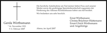 Todesanzeige von Gerda Wirthsmann von WESTFÄLISCHER ANZEIGER
