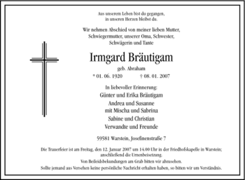 Todesanzeige von Irmgard Bräutigam von WESTFÄLISCHER ANZEIGER