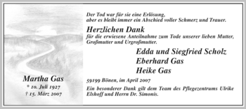 Todesanzeige von Martha Gas von WESTFÄLISCHER ANZEIGER