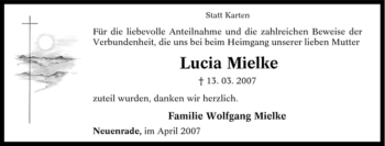 Todesanzeige von Lucia Mielke von WESTFÄLISCHER ANZEIGER