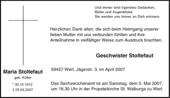 Todesanzeige von Maria Stoltefaut von WESTFÄLISCHER ANZEIGER