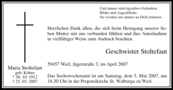 Todesanzeige von Maria Stoltefaut von WESTFÄLISCHER ANZEIGER