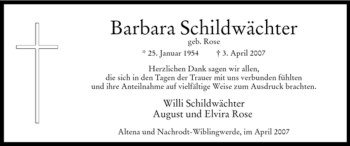 Todesanzeige von Barbara Schildwächter von WESTFÄLISCHER ANZEIGER