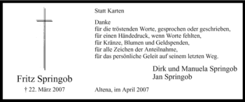Todesanzeige von Fritz Springob von WESTFÄLISCHER ANZEIGER