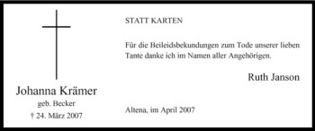 Todesanzeige von Johanna Krämer von WESTFÄLISCHER ANZEIGER