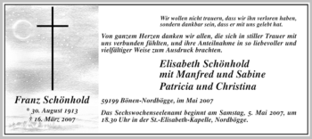 Todesanzeige von Franz Schönhold von WESTFÄLISCHER ANZEIGER