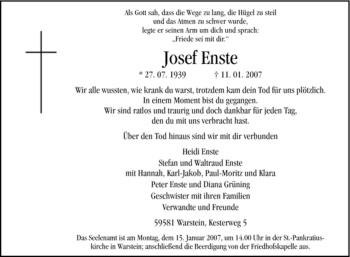 Todesanzeige von Josef Enste von WESTFÄLISCHER ANZEIGER