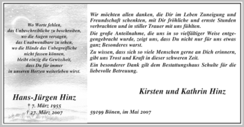 Todesanzeige von Hans-Jürgen Hinz von WESTFÄLISCHER ANZEIGER