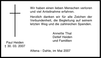 Todesanzeige von Paul Heiden von WESTFÄLISCHER ANZEIGER