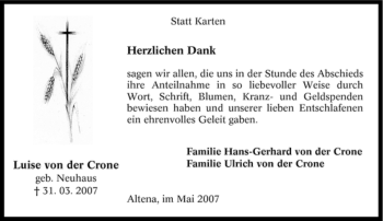 Todesanzeige von Luise von der Crone von WESTFÄLISCHER ANZEIGER