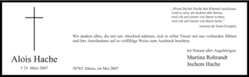 Todesanzeige von Alois Hache von WESTFÄLISCHER ANZEIGER