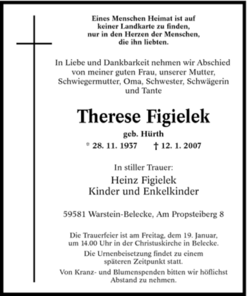 Todesanzeige von Therese Figielek von WESTFÄLISCHER ANZEIGER