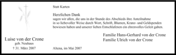 Todesanzeige von Luise von der Crone von WESTFÄLISCHER ANZEIGER