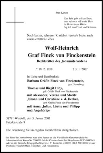 Todesanzeige von Wolf-Heinrich Graf Finck von Finckenstein von WESTFÄLISCHER ANZEIGER