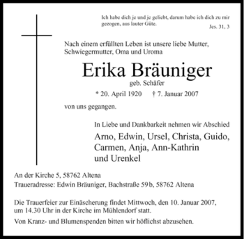 Todesanzeige von Erika Bräuniger von WESTFÄLISCHER ANZEIGER