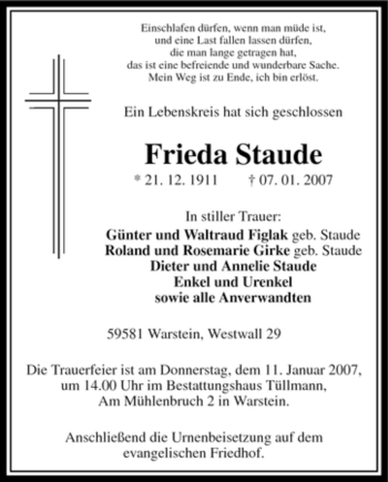 Todesanzeige von Frieda Staude von WESTFÄLISCHER ANZEIGER