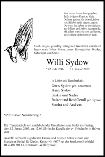 Todesanzeige von Willi Sydow von WESTFÄLISCHER ANZEIGER