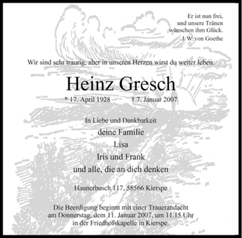 Todesanzeige von Heinz Gresch von WESTFÄLISCHER ANZEIGER