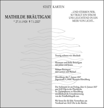 Todesanzeige von Mathilde Bräutigam von WESTFÄLISCHER ANZEIGER