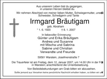Todesanzeige von Irmgard Bräutigam von WESTFÄLISCHER ANZEIGER