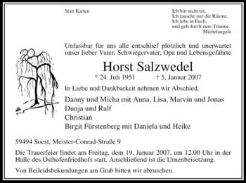 Todesanzeige von Horst Salzwedel von WESTFÄLISCHER ANZEIGER
