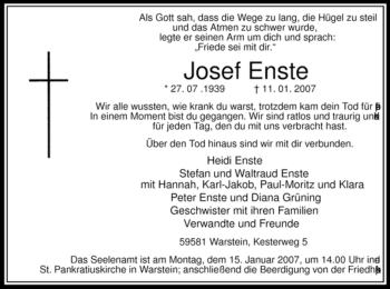 Todesanzeige von Josef Enste von WESTFÄLISCHER ANZEIGER