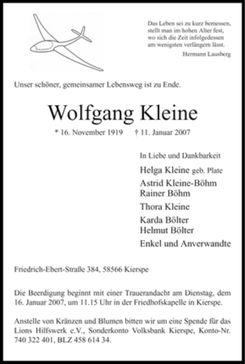Todesanzeige von Wolfgang Kleine von WESTFÄLISCHER ANZEIGER