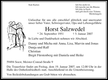 Todesanzeige von Horst Salzwedel von WESTFÄLISCHER ANZEIGER