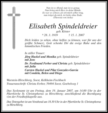 Todesanzeige von Elisabeth Spindesdreier von WESTFÄLISCHER ANZEIGER