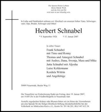 Todesanzeige von Herbert Schnabel von WESTFÄLISCHER ANZEIGER