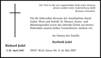 Todesanzeige von Richard Jedel von WESTFÄLISCHER ANZEIGER