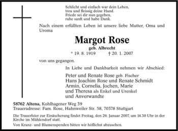 Todesanzeige von Margot Rose von WESTFÄLISCHER ANZEIGER