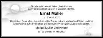 Todesanzeige von Ernst Müller von WESTFÄLISCHER ANZEIGER