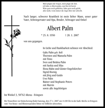 Todesanzeige von Albert Palm von WESTFÄLISCHER ANZEIGER