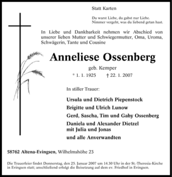 Todesanzeige von Anneliese Ossenberg von WESTFÄLISCHER ANZEIGER