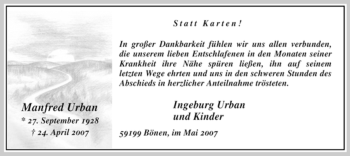Todesanzeige von Manfred Urban von WESTFÄLISCHER ANZEIGER