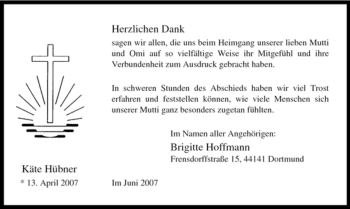Todesanzeige von Käte Hübner von WESTFÄLISCHER ANZEIGER