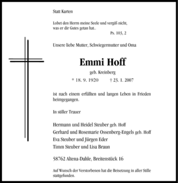 Todesanzeige von Emmi Hoff von WESTFÄLISCHER ANZEIGER