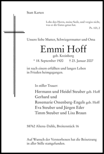 Todesanzeige von Emmi Hoff von WESTFÄLISCHER ANZEIGER