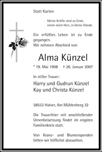 Todesanzeige von Alma Künzel von WESTFÄLISCHER ANZEIGER