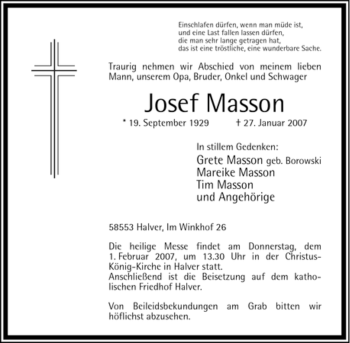Todesanzeige von Josef Masson von WESTFÄLISCHER ANZEIGER