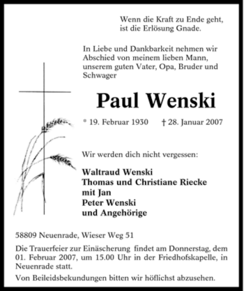 Todesanzeige von Paul Wenski von WESTFÄLISCHER ANZEIGER