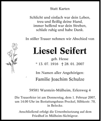 Todesanzeige von Liesel Seifert von WESTFÄLISCHER ANZEIGER
