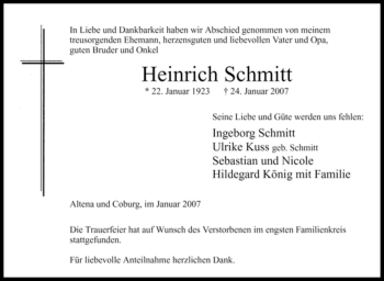 Todesanzeige von Heinrich Schmitt von WESTFÄLISCHER ANZEIGER