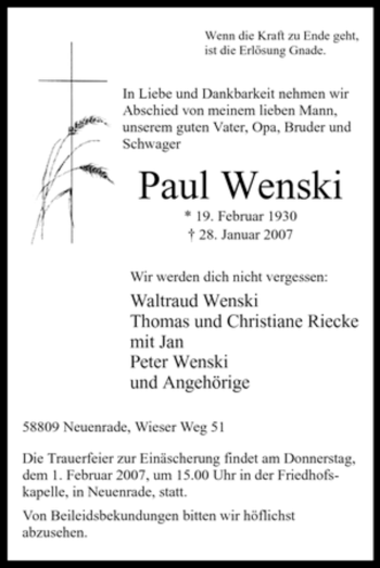 Todesanzeige von Paul Wenski von WESTFÄLISCHER ANZEIGER