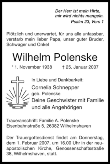 Todesanzeige von Wilhelm Polenske von WESTFÄLISCHER ANZEIGER