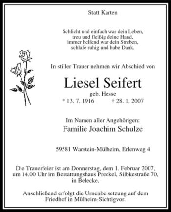 Todesanzeige von Liesel Seifert von WESTFÄLISCHER ANZEIGER